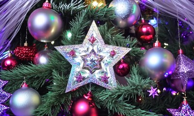 Canvas Print - A star with blue and pink crystals on it. The star is lit up and surrounded by other decorations