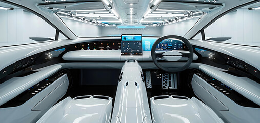 Poster - A car front interior layout, showcasing its components in a line against a white background. Generative AI.