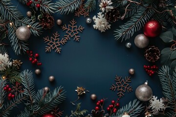 Sticker - Elegant flat lay of christmas decor with baubles, pine cones, and greenery on a dark background