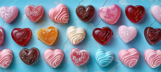 Poster - Candies in heart shapes of pastel colors on blue paper, a flat lay full of love. Generative AI.