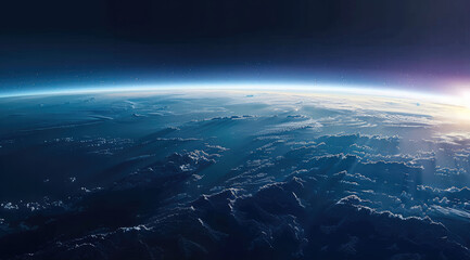 Fototapete - A view of Earth from space, with a black sky and blue horizon. Distant mountains can be seen along the horizon line. Generative AI.