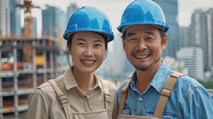 Aufkleber - Two clean Chinese workers smile for the camera. Blue hard hats, both in beige overalls. The city skyscrapers are in the background. Generative AI.