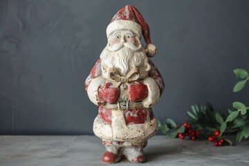 Sticker - Antique santa figurine adorned with a gift, set against a backdrop with seasonal greenery