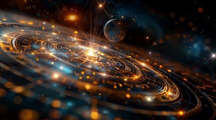 Wall Mural - Cosmic Clockwork: A celestial mechanism of golden gears and celestial bodies intertwines, evoking the intricate workings of time and space.