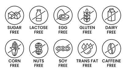 Set allergen free icons. Allergen free products. Products warning symbols. Lactose, gluten, sugar, corn, egg, trans fat, soy, nuts free, coffeine sign.