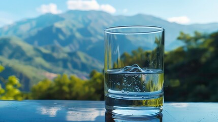 A close-up of a glass of water on a wooden surface with a view of a lake and mountains in the background. Generative AI