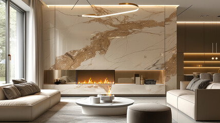 Leinwandbilder - Elegant and modern living room 3d interior with open fireplace, in the style of light gold and dark beige, marble, minimalist. Generative AI.