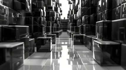 Abstract black and white 3D rendering of a city made of cubes. The perspective creates a sense of depth and mystery.