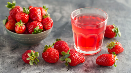 Fresh strawberries in a bowl and scattered, with a glass of red strawberry-flavored drink, on a textured grey surface

