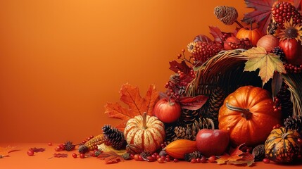 Poster - A festive abstract depiction of Thanksgiving with autumn leaves and a cornucopia against a warm orange background. Generative AI.