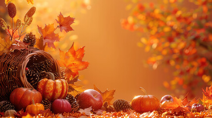 Poster - A festive abstract depiction of Thanksgiving with autumn leaves and a cornucopia against a warm orange background. Generative AI.