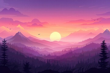 Wall Mural - Sunset seen in forest with hills in background 