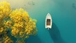 © Aris Suwanmalee - Aerial view of a small boat anchored in calm turquoise waters near a lush green island.