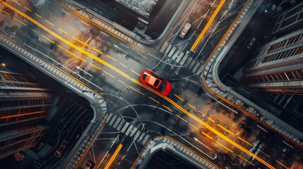 An aerial view of a red car driving through a busy city intersection with glowing lights.