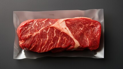 Sticker - Vacuum-sealed raw marbled beef steak in plastic packaging on a dark background.