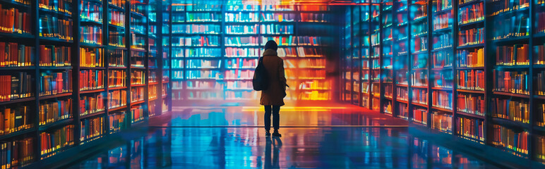 Person visiting a futuristic digital library
