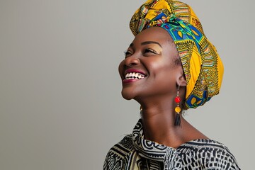 Portrait of happy African woman with colorful headscarf 