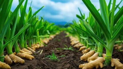 A vibrant field of fresh ginger with lush green shoots, showcasing the natural beauty of agriculture under a cloudy sky.