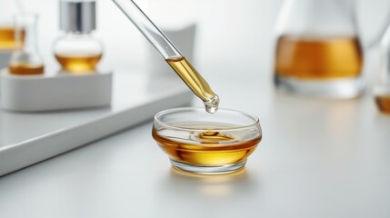 Canvas Print - A close-up of a dropper dispensing amber liquid into a glass dish, with laboratory glassware in the background.