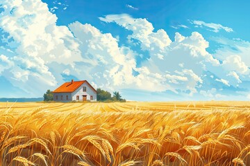 Poster - Wheat field with country house and blue sky