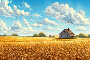 Poster - Beautiful landscape of field with house surrounded by clouds