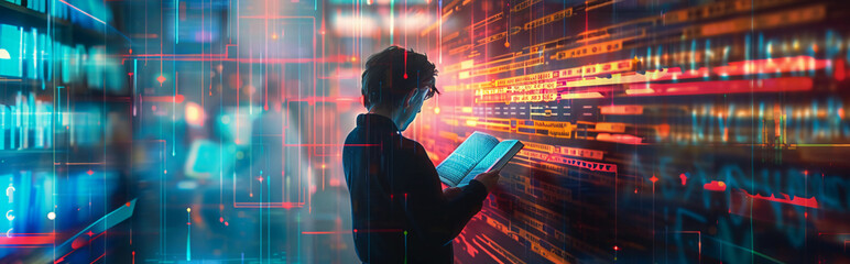person visits a futuristic digital library