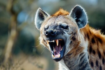 Poster - Closeup wildlife portrait of a fierce and aggressive spotted hyena displaying its powerful and dangerous snarling behavior in its natural african habitat