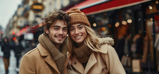 Wall Mural - Young couple on city street, shopping bags, smiling, beige coat, blonde woman, red awnings background. Generative AI.