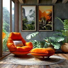 Poster - Modern living room with bright orange chair and ottoman, surrounded by lush green indoor plants. Stylish decor with framed artwork. 