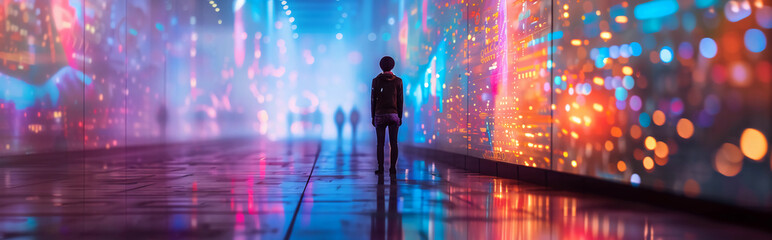 Person visiting a futuristic digital art gallery