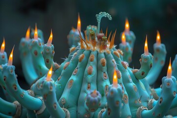 Poster - Abstract close-up of blue cactus with glowing orange candles, creating a surreal and mystical atmosphere in the desert night.
