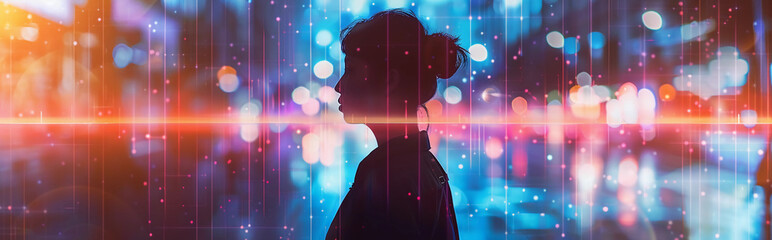 Person visiting a futuristic digital art gallery