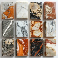 A set of marble samples, highlighting the patterns and variety, isolated on a white background. Generative AI.