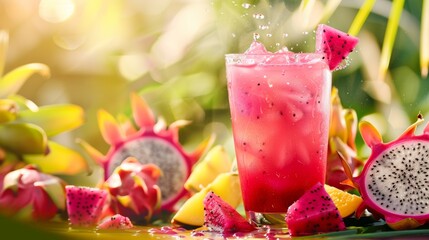 Exotic Fruit Juice Blend with Dragon Fruit, Lychee, and Guava in Tropical Garden Background