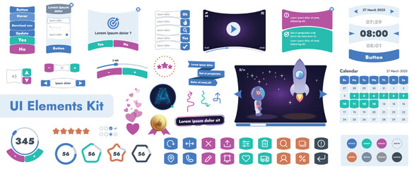 Wall Mural - A set of user interface elements (UI kit) intended for use in mobile applications and websites. It contains a large collection of icons, buttons, and has cartoonish, rounded shapes.