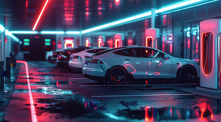 Poster - Futuristic electric vehicle charging station, multiple charging points, sleek design, advanced technology, electric cars connected to chargers, neon lights. Generative AI.