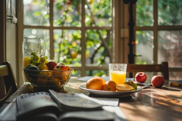 Cozy Breakfast Nook with Fresh Orange Juice, Bowl of Fruit, and Morning Newspaper in Sunlit Room