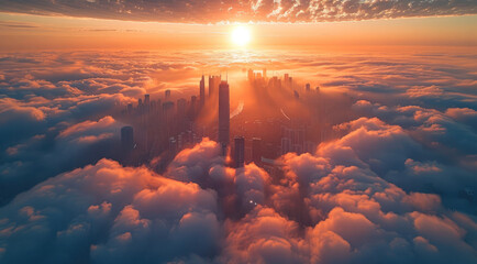 Wall Mural - The perspective of drones from the sky, the rising sun in the morning, the floating clouds, developed cities, beautiful natural landscapes. Generative AI.