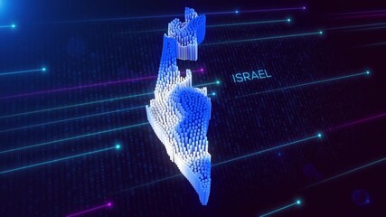 Wall Mural - digital motion 3d perspective dynamic rippling map of israel in blue and white, set against dark fut