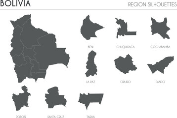 Poster - Bolivia region silhouettes set and blank map of the country isolated on white background. Vector illustration design