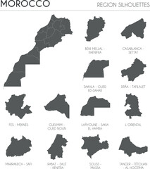 Poster - Morocco region silhouettes set and blank map of the country isolated on white background. Vector illustration design