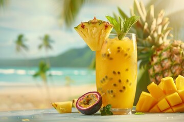 Wall Mural - Tropical Pineapple Mango Passion Fruit Juice with Mint Garnish on a Beach