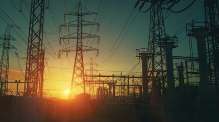 Wall Mural - Industrial Power Plant at Sunset

