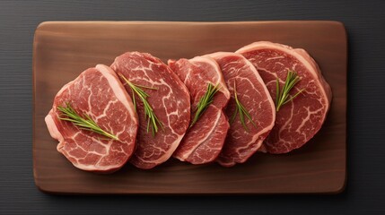 Sticker - Several raw ribeye steaks with rosemary sprigs on a wooden cutting board.