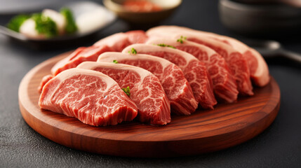 Poster - Thinly sliced marbled wagyu beef arranged on a wooden cutting board, with garnishing and other ingredients in the background.