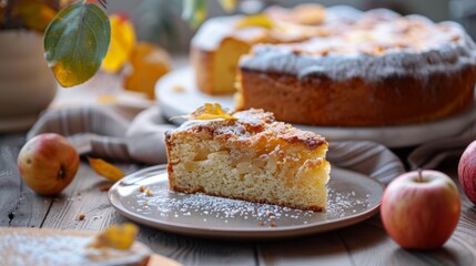 Wall Mural - Homemade apple pie on a rustic wooden table. A slice of apple cake dusted with powdered sugar. Autumn dessert idea. Perfect for cozy autumn afternoons. Food photography style. AI