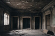 © Qun - An empty room of an abandoned house with walls weathered away by time, Generative AI