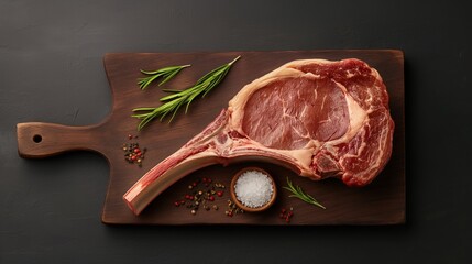 Canvas Print - Raw tomahawk steak on wooden cutting board with fresh rosemary, peppercorns, and coarse salt on dark background.