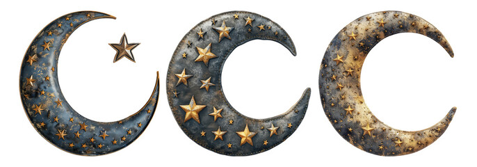 Wall Mural - Decorative Crescent Moons with Stars Isolated on Transparent Background