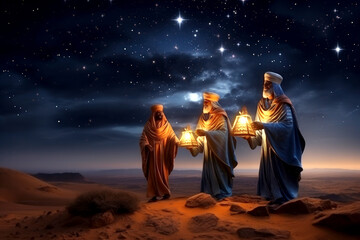 Wall Mural - The Three Wise Men carry gifts through the desert guided by the stars. Christmas concept.